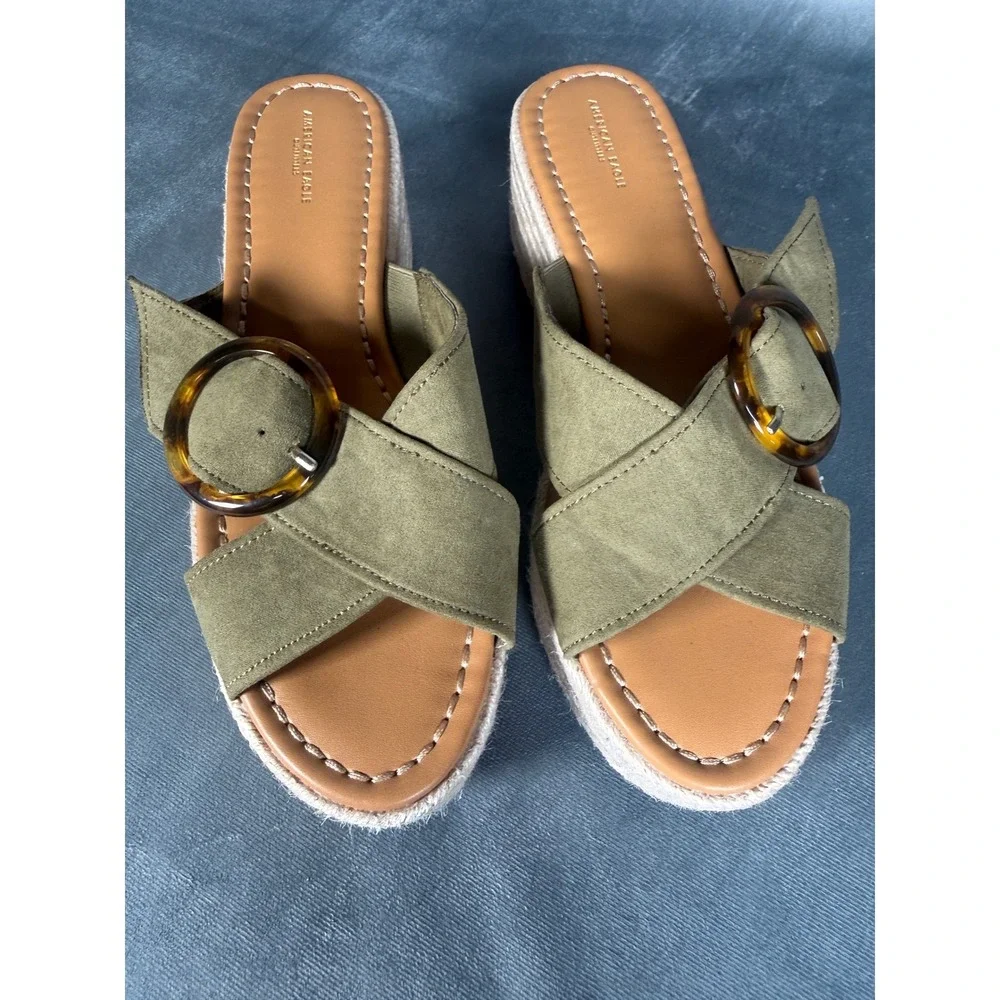 American Eagle Olive Sz 10 Espadrille Platform Sandals Tortoise Buckle‎ New
